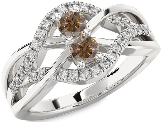Chocolate Brown Diamond Silver Knot Round Two Stone Ring