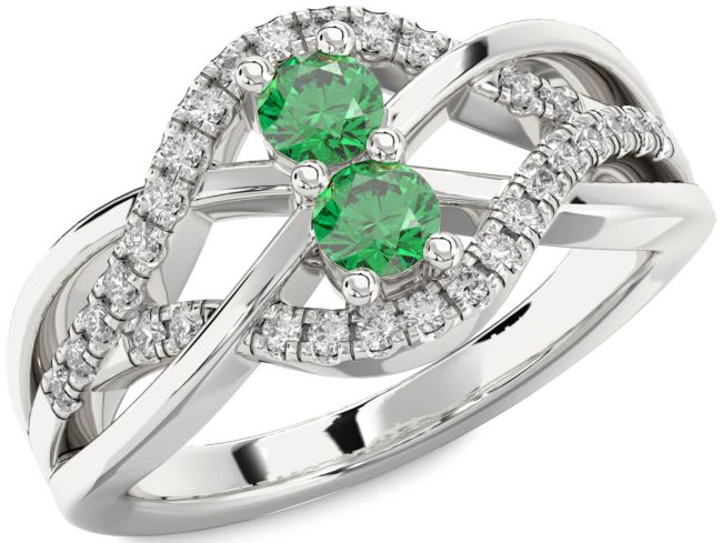 Diamond Emerald Silver Knot Round Two Stone Birthstone Ring