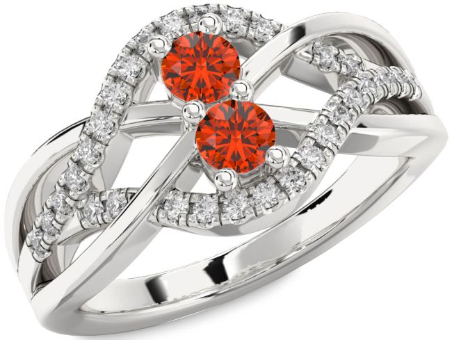 Diamond Fire Opal Silver Knot Round Two Stone Ring