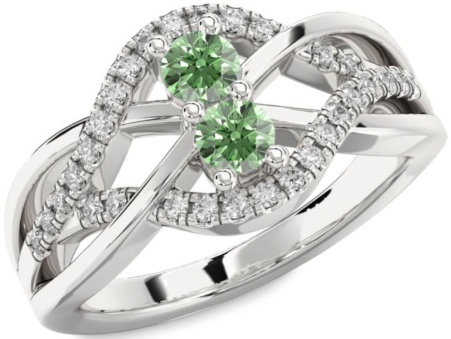 Green Diamond Silver Knot Round Two Stone Ring