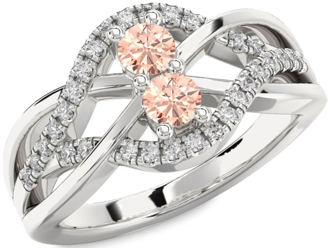 Diamond Morganite Silver Knot Round Two Stone Ring