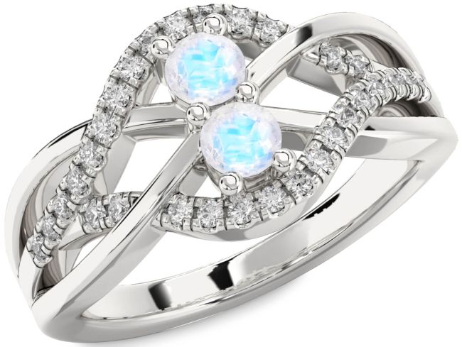 Diamond Moonstone Silver Knot Round Two Stone Ring