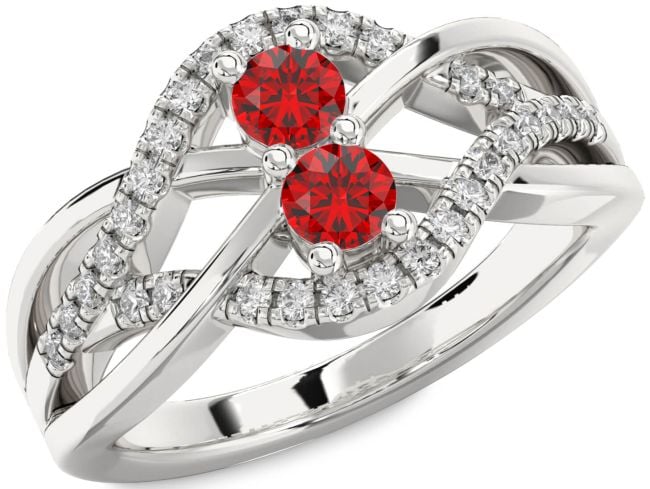 Diamond Ruby Silver Knot Round Two Stone Birthstone Ring