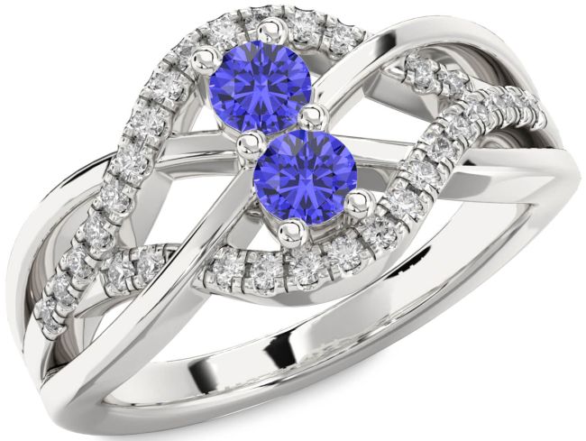 Diamond Tanzanite Silver Knot Round Two Stone Ring