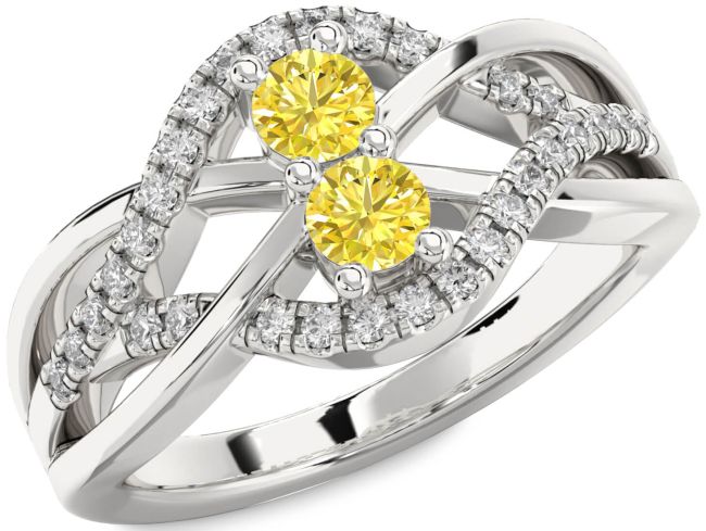 Yellow Diamond Silver Knot Round Two Stone Ring