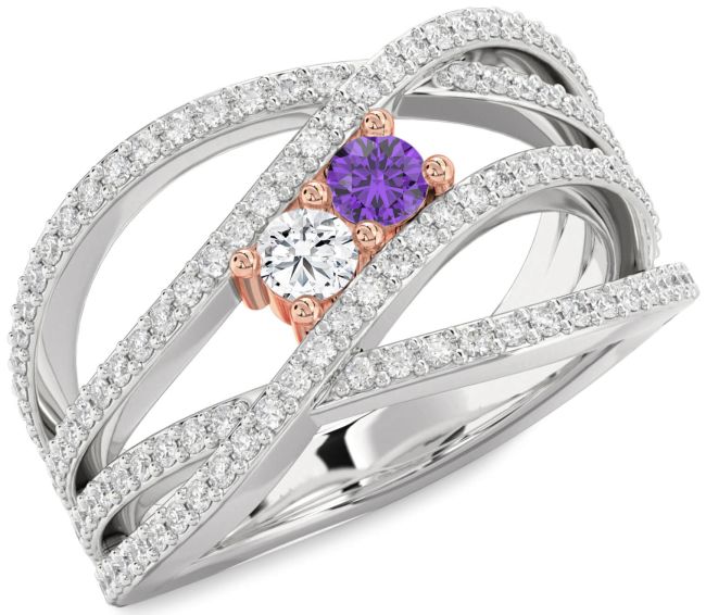 Diamond Silver & 10K Rose Gold Knot Round Two Stone Pave Promise Ring