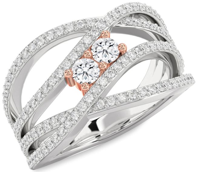 Diamond Rose Gold Silver Knot Round Two Stone Pave Ring