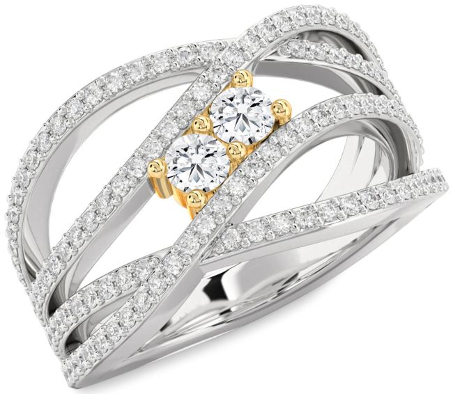 Diamond Silver & 10K gold Knot Round Two Stone Pave Ring