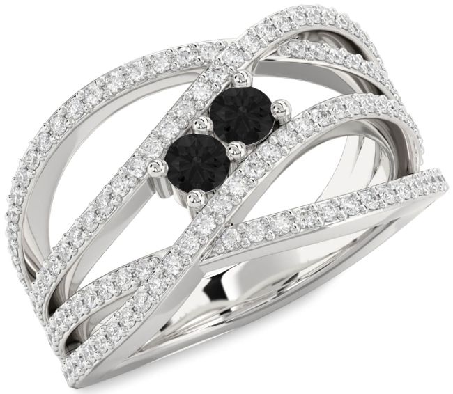 Black Diamond Silver Knot Round Two Stone Pave Ring