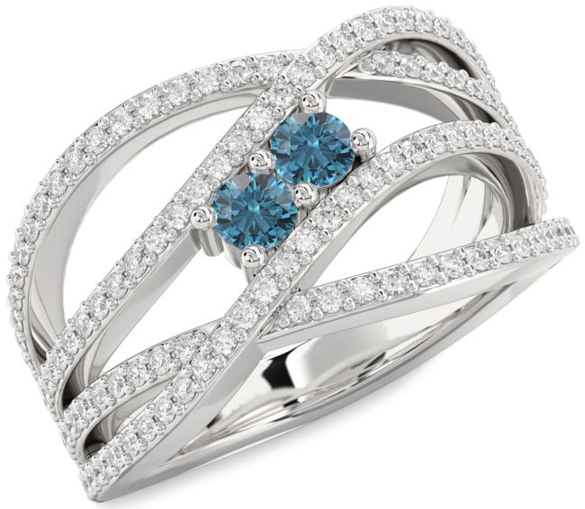 Blue Diamond Silver Knot Round Two Stone Pave Ring