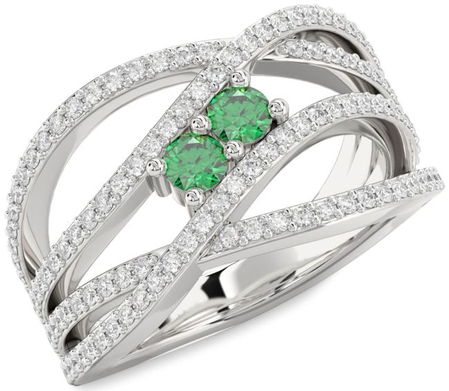 Diamond Emerald Silver Knot Round Two Stone Pave Birthstone Ring