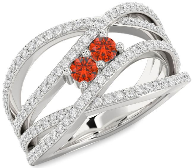 Diamond Fire Opal Silver Knot Round Two Stone Pave Ring
