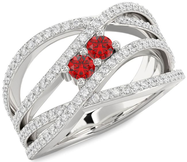 Diamond Ruby Silver Knot Round Two Stone Pave Birthstone Ring