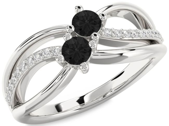 Black Diamond Silver Knot Round Two Stone Ring