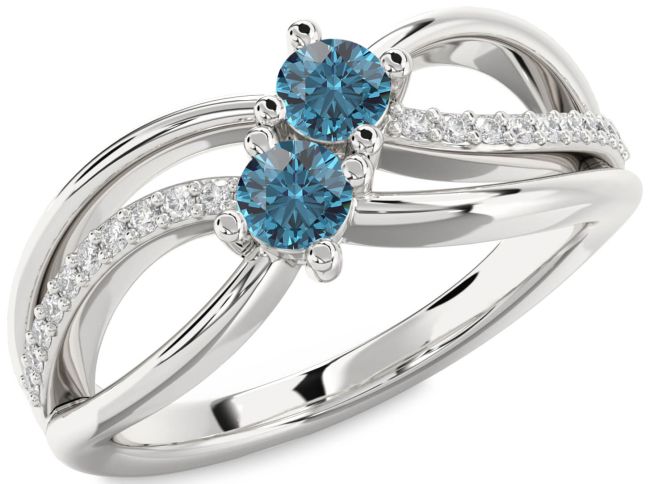 Blue Diamond Silver Knot Round Two Stone Ring