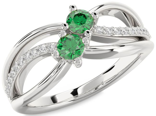 Diamond Emerald Silver Knot Round Two Stone Birthstone Ring