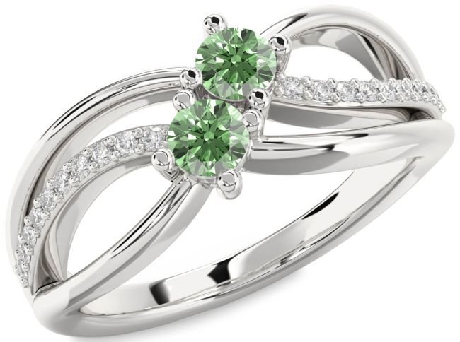 Green Diamond Silver Knot Round Two Stone Ring