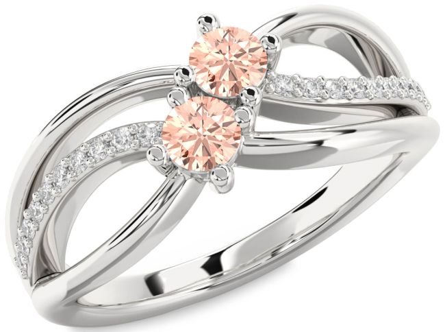 Diamond Morganite Silver Knot Round Two Stone Ring