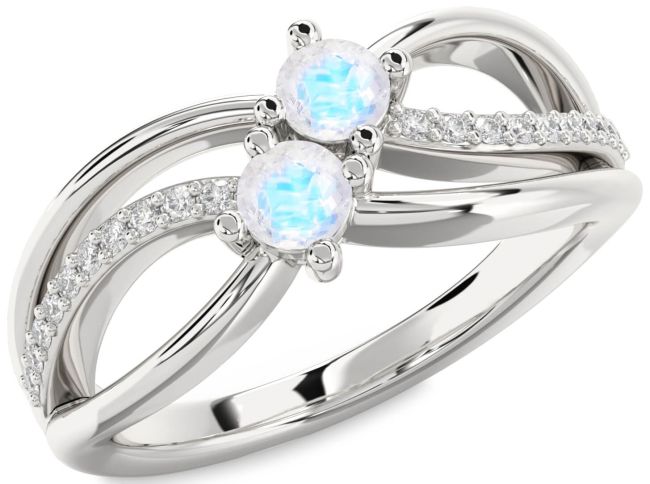 Diamond Moonstone Silver Knot Round Two Stone Ring