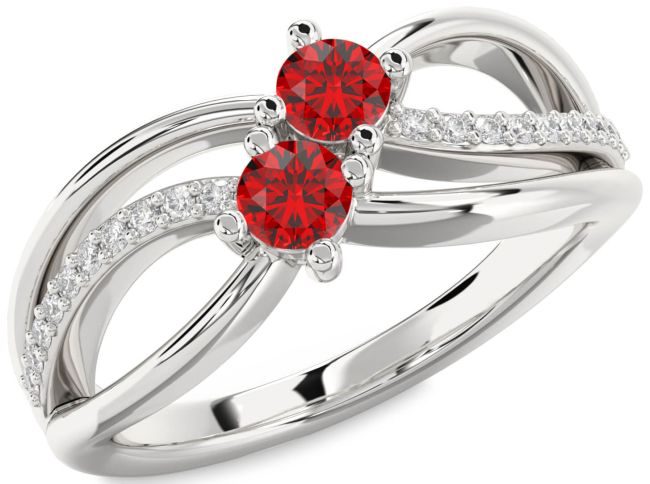Diamond Ruby Silver Knot Round Two Stone Birthstone Ring