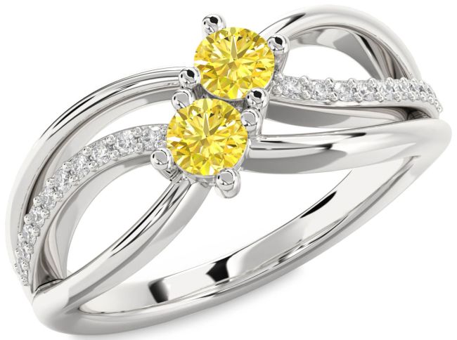 Yellow Diamond Silver Knot Round Two Stone Ring