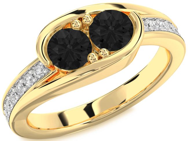Black Diamond Gold Silver Round Two Stone Ring