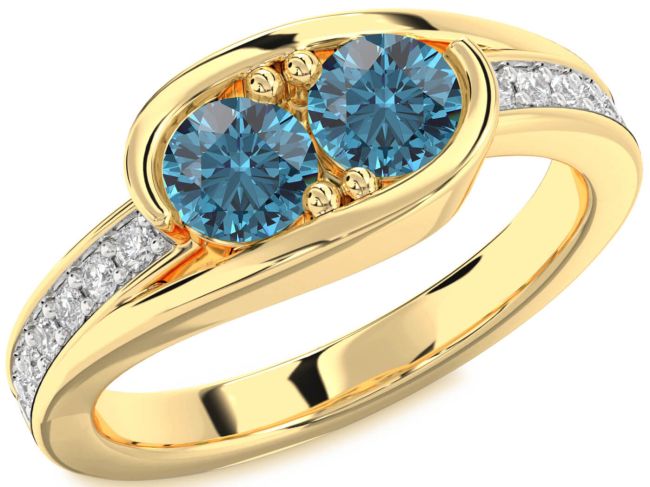 Blue Diamond Gold Silver Round Two Stone Ring