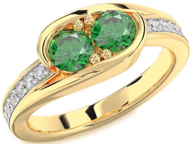 Diamond Emerald Gold Silver Round Two Stone Birthstone Ring