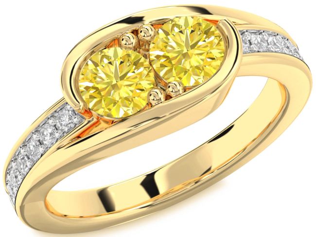Yellow Diamond Gold Silver Round Two Stone Ring