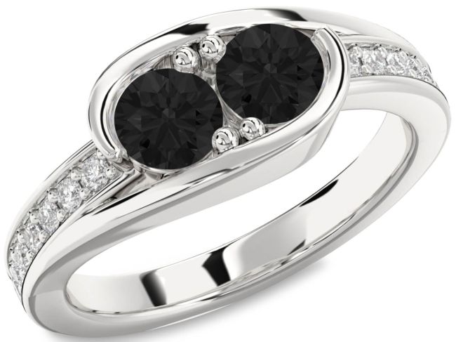 Black Diamond Silver Round Two Stone Ring