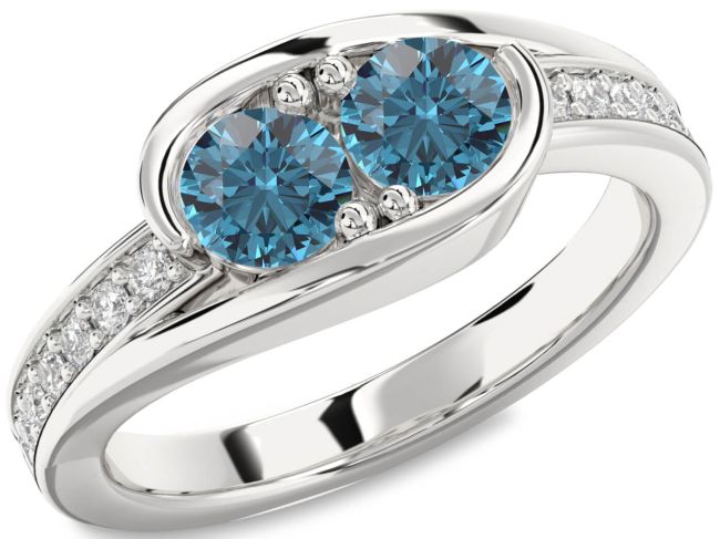 Blue Diamond Silver Round Two Stone Ring
