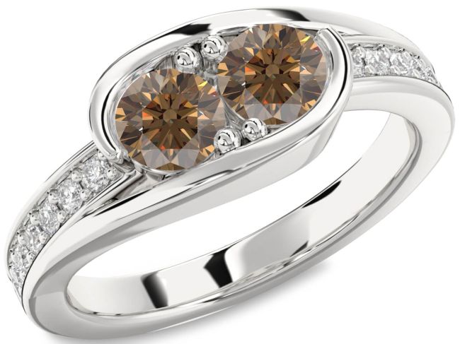 Chocolate Brown Diamond Silver Round Two Stone Ring
