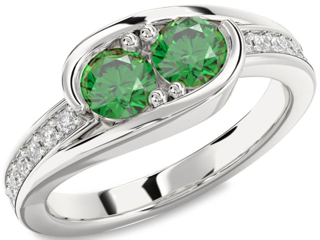 Diamond Emerald Silver Round Two Stone Birthstone Ring