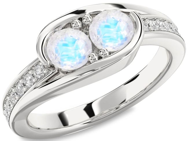 Diamond Moonstone Silver Round Two Stone Ring