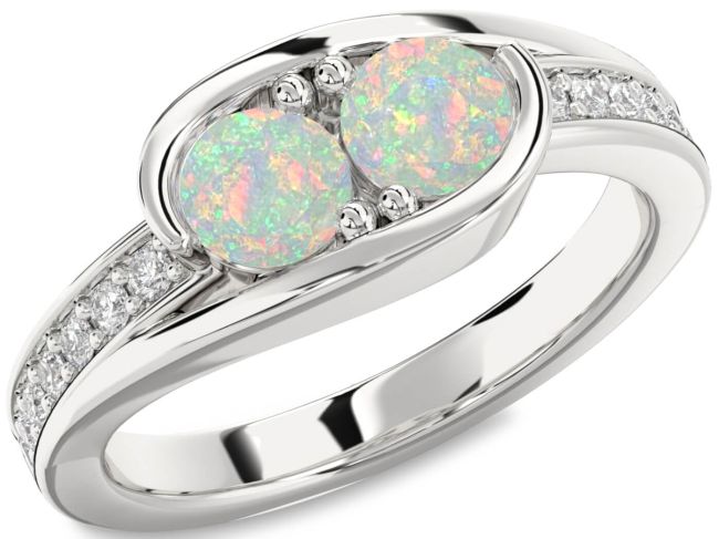 Diamond Opal Silver Round Two Stone Birthstone Ring