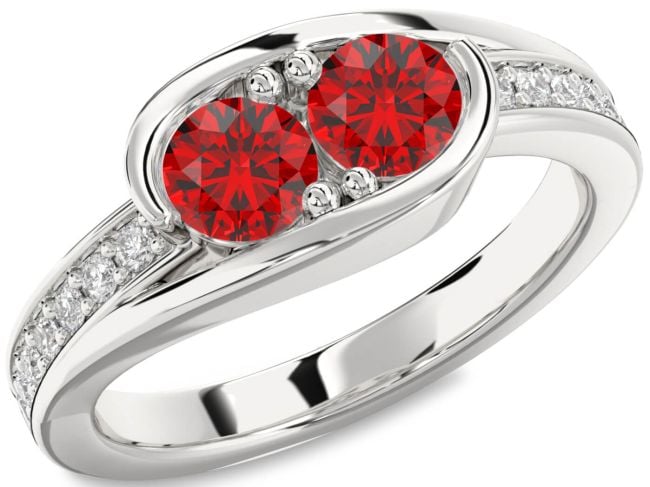 Diamond Ruby Silver Round Two Stone Birthstone Ring