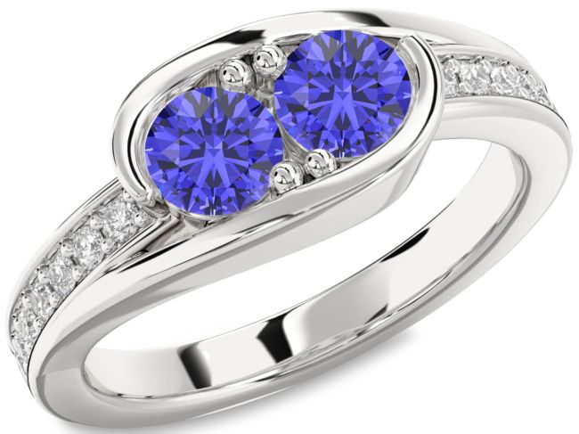Diamond Tanzanite Silver Round Two Stone Ring
