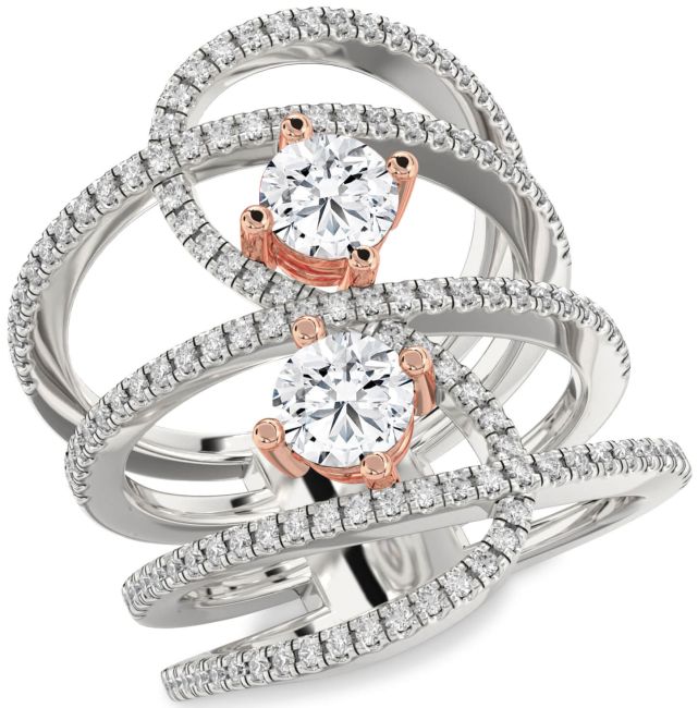 Diamond Rose Gold Silver Knot Round Two Stone Pave Ring