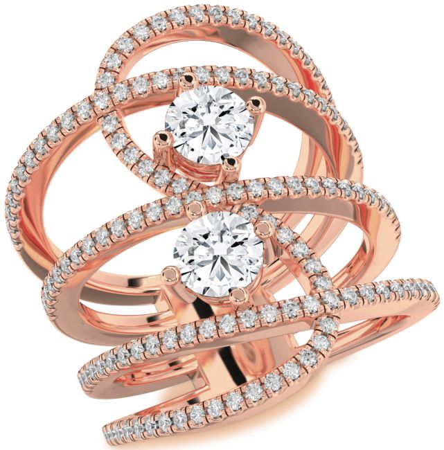 Diamond Rose Gold Silver Knot Round Two Stone Pave Ring