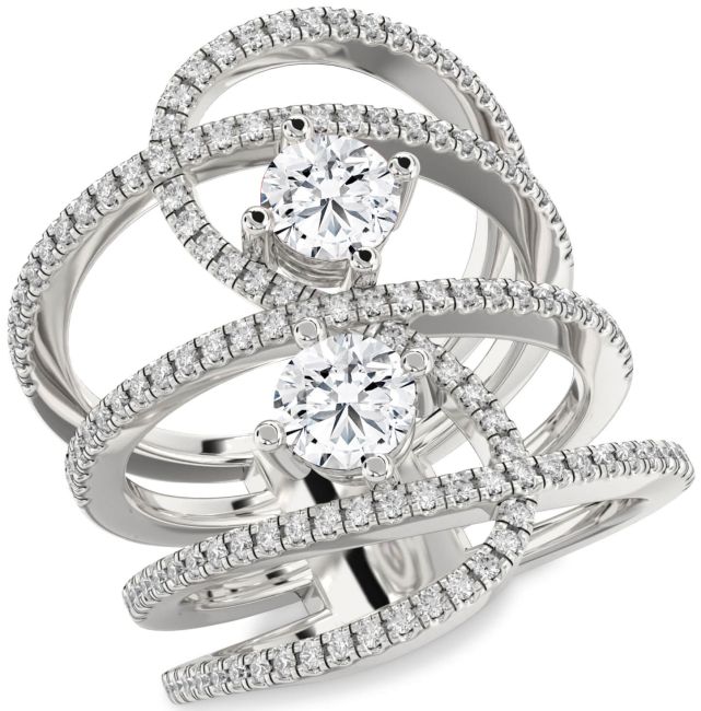 Diamond Silver Knot Round Two Stone Pave Ring