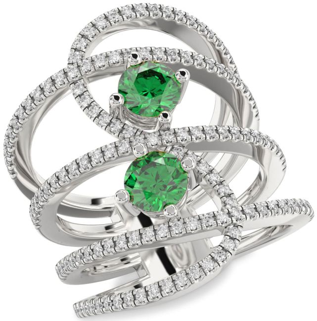 Diamond Emerald Silver Knot Round Two Stone Pave Birthstone Ring