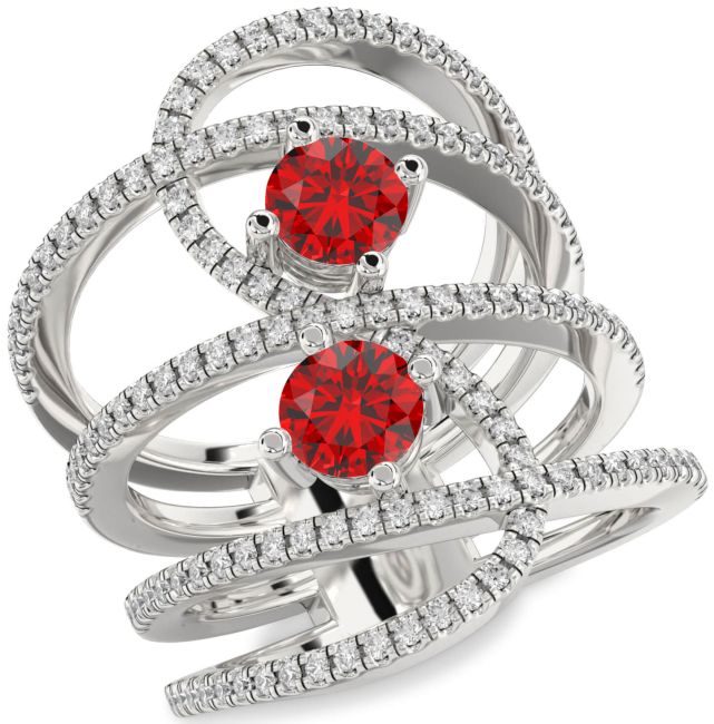 Diamond Ruby Silver Knot Round Two Stone Pave Birthstone Ring