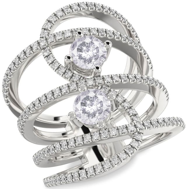 Salt & Pepper Diamond Silver Knot Round Two Stone Pave Ring