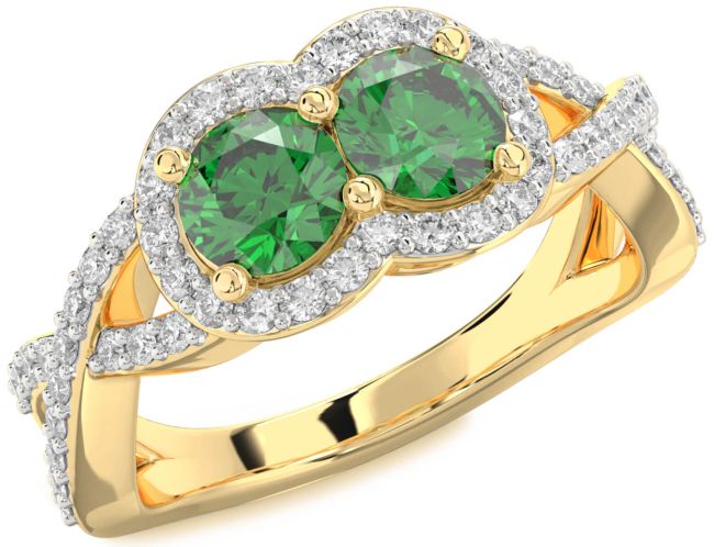 Diamond Emerald Gold Round Two Stone Pave Birthstone Ring