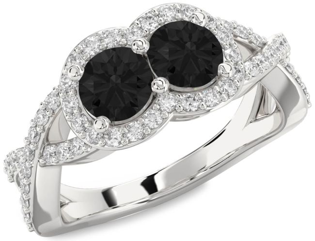 Black Diamond Silver Round Two Stone Pave Ring