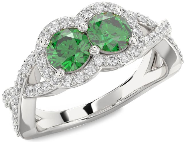 Diamond Emerald Silver Round Two Stone Pave Birthstone Ring