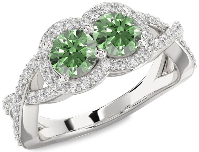 Green Diamond Silver Round Two Stone Pave Ring