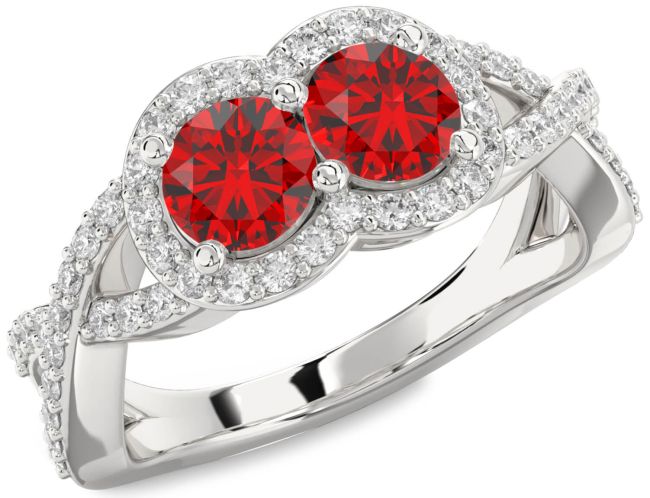 Diamond Ruby Silver Round Two Stone Pave Birthstone Ring