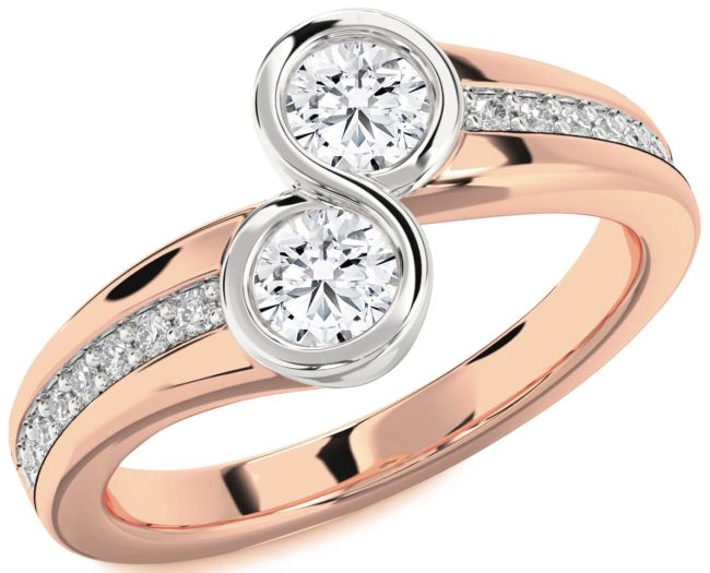 Diamond Rose Gold Silver Round Two Stone Pave Ring