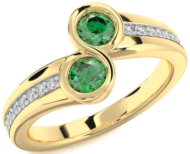 Diamond Emerald Gold Round Two Stone Pave Birthstone Ring